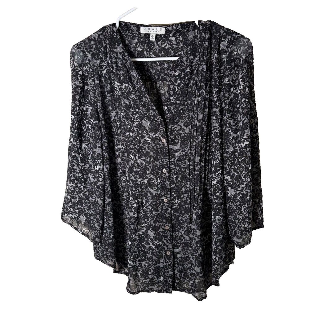 Chaus Blouse Women's Small Printed Floral 3/4 Sleeve V-Neck Pleated Shirt Top